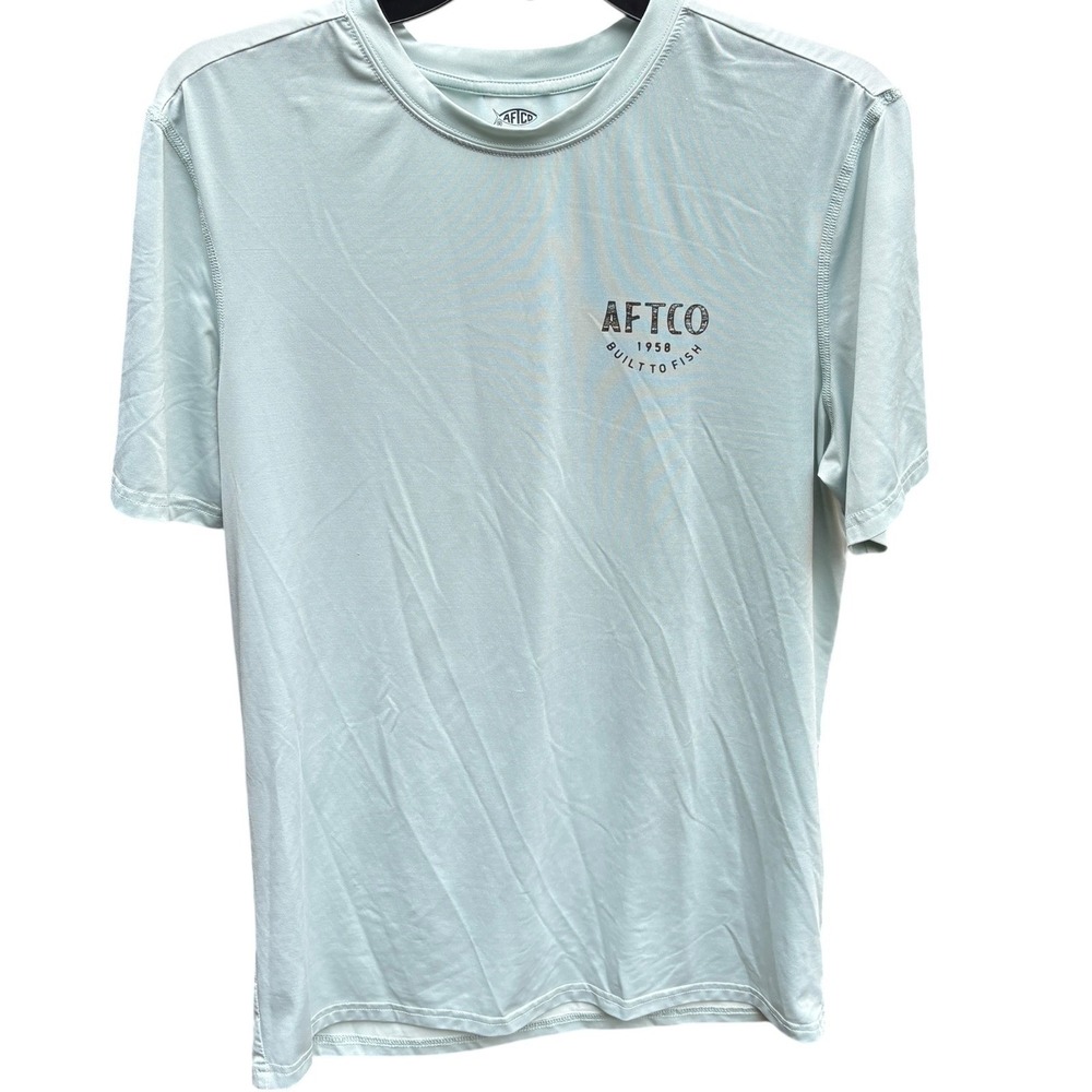 AFTCO Mens Small Performance Shirt Light Blue Redfish Graphic Short Sleeve Tee